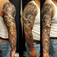 a man with a dragon tattoo on his arm and half sleeve is shown in three different views