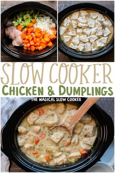 slow cooker chicken and dumplings in a black crock pot with text overlay