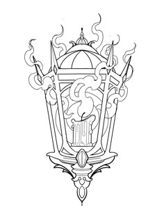 a black and white drawing of a light fixture with flames coming out of the top