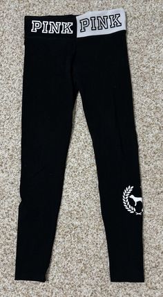 VICTORIA’S SECRET PINK BLACK WHITE LOGO LEGGINGS SIZE SMALL Black White Logo, Favorites List, Outfits With Leggings, Vs Pink, Pink Black, Secret Pink, Favorite Things List, Victoria’s Secret, The White