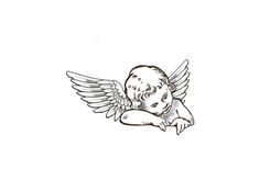 an angel with wings on it's back is shown in black and white ink