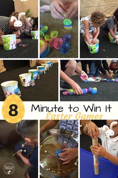 collage of photos showing children playing with easter games