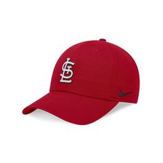 the st louis baseball cap is red and has white lettering on it, with a black logo