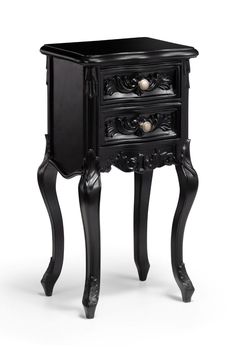 an ornate black night stand with two drawers and one drawer on each side, the top is