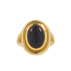 This bold, statement onyx ring is a timeless piece of jewelry. Crafted in 14K yellow gold, it features a polished oval cabochon stone that makes this piece stand out. Classic Oval Black Enamel Signet Ring, Luxury Oval Onyx Signet Ring, Classic Black Enamel Oval Ring, Formal Oval Black Enamel Signet Ring, Classic Oval Black Enamel Ring, Elegant Signet Ring With Oval Cabochon And Polished Finish, Timeless Oval Cabochon Rings With Polished Finish, Classic Black Oval Cabochon Ring, Formal Onyx Oval Cabochon Jewelry