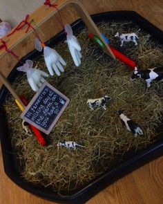 fake farm animals are placed in a tray with straw and toothbrushes on it