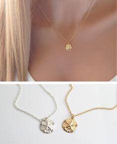 "DAINTY GOLD OR SILVER SAND DOLLAR NECKLACE Minimalist gold or silver sand dollar necklace. Beautiful on its own or layered with other necklaces. ✦ 14K Gold Filled or Sterling Silver ✦ Sand Dollar Charm (11mm x 11mm) ✧ Necklace is shown at 18\" Matching earrings available: ✧ https://www.etsy.com/listing/288310637 Matching anklet available: ✧ https://www.etsy.com/listing/237044104 ADD A SWAROVSKI BIRTHSTONE: ✦ https://www.etsy.com/listing/220962902 ADD A WIRE-WRAPPED GEMSTONE: ✦ https://www.etsy. Tarnish Resistant Gold Jewelry For Beach, Tarnish Resistant Gold Beach Jewelry, Dainty Nickel-free Jewelry For Beach, Dainty Nickel Free Jewelry For The Beach, Dainty Nickel-free Beach Jewelry, Dainty Beach Jewelry With Delicate Chain, Gold Round Beach Jewelry, Dainty Round Jewelry For Beach, Gold Round Jewelry For Beach