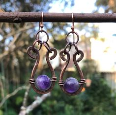 Hammered Copper and Amethyst Earrings Hand Forged Amethyst Bronze Jewelry, Bar Jewelry, Jewelry Wire, Amethyst Beads, Hammered Copper, Amethyst Earrings, Chain Jewelry, Wire Earrings, Wire Art