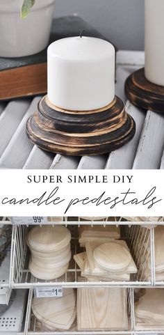 a white candle sitting on top of a wooden shelf next to other wood pieces and containers