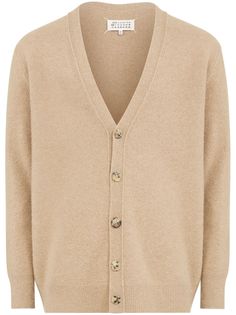 beige wool fine knit V-neck front button fastening long sleeves ribbed hem signature four-stitch logo Stitch Logo, City Shorts, Couture Designers, Traditional Fashion, V Neck Cardigan, Beige Sweater, Knitwear Cardigan, Wool Cardigan, Light Jacket