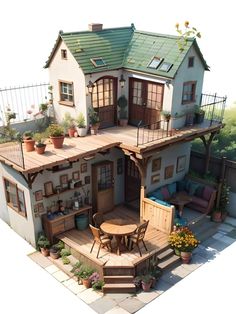 an image of a house that is made out of wood and has potted plants on the roof