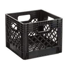 a black plastic crate is shown on a white background