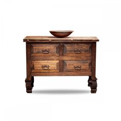 an old wooden dresser with drawers and a bowl on it's top, against a white background