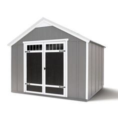 a gray and white shed with windows on the side, sitting in front of a white background