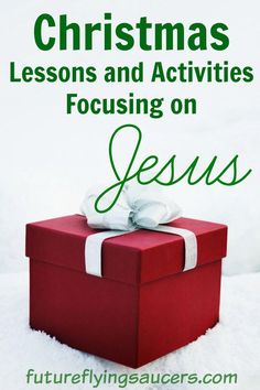 a red box with a white bow on it and the words christmas lessons and activities focusing on jesus