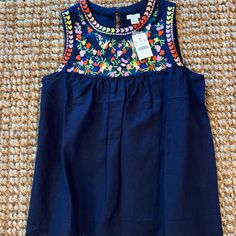 Jcrew Women’s Sleeveless Navy Linen & Cotton Blend Embroidered Top - New With Tag - Size 4 Blue Sleeveless Embroidered Top For Summer, Casual Sleeveless Top With Embroidered Hem, Casual Sleeveless Embroidered Top, Casual Cotton Tank Top With Floral Embroidery, Summer Sleeveless Embroidered Top, Sleeveless Tops With Multicolor Embroidery For Summer, Sleeveless Cotton Top With Multicolor Embroidery, Sleeveless Multicolor Embroidered Top For Spring, Casual Sleeveless Multicolor Embroidered Top