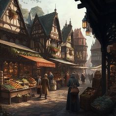 a painting of people shopping in an old european market place with lots of fruit and vegetables