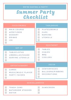 a printable summer party checklist is shown in blue, pink and orange colors