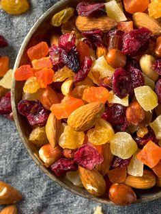 a bowl filled with dried fruit and nuts