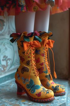 Whimsical Boots, Caterpillar Aesthetic, Weird Heels, Wierd Shoes, Butterfly Boots, Funky Boots, Weird Shoes, Diy Heels, Whimsical Shoes