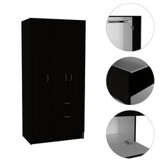 three different views of a black and white cabinet