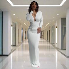 White Fitted V-neck Maxi Dress, Chic V-neck Bodycon Maxi Dress, White V-neck Fitted Maxi Dress, V-neck Bodycon Maxi Dress For Date Night, White V-neck Maxi Dress, White V-neck Stretch Bodycon Dress, Stretch V-neck Bodycon Dress, White V-neck Maxi Dress For Date Night, White Maxi Dress With Surplice Neckline For Party