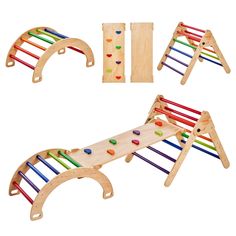 two wooden toys with different colors and shapes on the top, one has a ladder