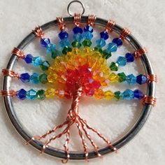 The Rainbow Tree of Life Amulet features a mystical scene in a miniature fashion. It may be worn on a chain, ribbon, or leather for a necklace wardrobe accent. The tree may be personalized with triple wire colors or just one color. Amulet may be custom built for family birthstone, rainbow preference, or colors to match a room. Let's get creative!!  Wire choices: silver, copper, gold or Rose-gold tones. Additional Pendants Amethyst Pendant https://www.etsy.com/listing/1374277057/amethyst-tree-of-life-pendant-for-women Aventurine https://www.etsy.com/listing/1352310460/aventurine-tree-of-life-amulet-wire Bicone Crystal  https://www.etsy.com/listing/1307620695/the-rainbow-tree-of-life-amulet-wire Freshwater Pearls  https://www.etsy.com/listing/1381114582/freshwater-pearl-tree-of-life-pendant Symbolic Multicolor Festival Jewelry, Symbolic Multicolor Beaded Jewelry, Handmade Symbolic Multicolor Jewelry, Pearl Tree, Beaded Tree, Rainbow Tree, Wire Trees, Tree Sculpture, Personalized Pendant