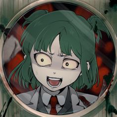 an anime character with green hair and blood on his face in a round mirror,