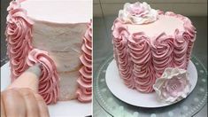 two pictures of a cake with pink icing