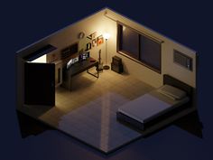 an overhead view of a bedroom with a bed and desk in the room at night