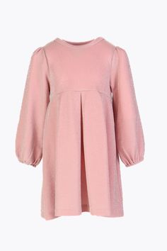 The Brielle Dress effortlessly combines comfort and sparkle, ensuring your little one shines bright all season long. This dress features a soft pink hue with a subtle shimmer, making it perfect for festive gatherings and special occasions. Designed with a classic silhouette, it has a gently pleated front and elegant long sleeves that add just the right amount of warmth and style. FEEL: (53% Polyester, 19% Rayon, 22% Silver Thread, 6% Spandex) This new DL fabric is an instant favorite! With a shi Pink Holiday Dress For Dress-up, Pink Holiday Dress For Dress-up Occasions, Pink Glitter Dress For Spring, Pink Glitter Dresses For Spring, Spring Pink Glitter Dress, Elegant Pink Fitted Holiday Dress, Elegant Mini Dress For Dress-up, Elegant Fall Dresses For Dress-up Occasions, Pink Dress For Dress-up Occasions In Fall