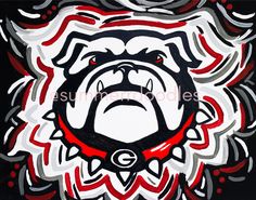 a painting of a bulldog's face with red, white and black swirls