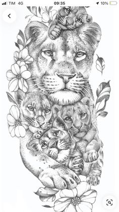 a drawing of a lion and two cubs with flowers on their chest, surrounded by leaves