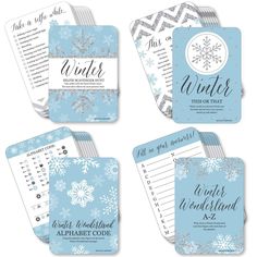 four winter themed cards with snowflakes on them