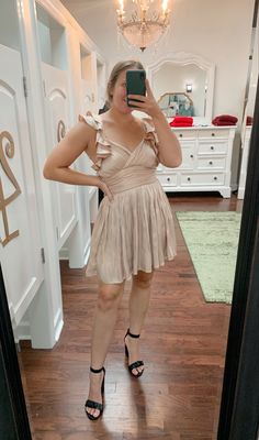 Champagne colored satin mini dress with ruffle sleeves Dress With Ruffle Sleeves, A Night To Remember, Satin Mini Dress, Champagne Color, Ruffled Sleeves, Taupe Color, Ruffle Sleeves, Mini Dress With Sleeves, Sleeve Detail