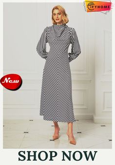 Fall A-line Long Sleeve Stand Collar Lady Evening Dresses Striped Long Sleeve Maxi Dress For Work, Elegant Striped A-line Midi Dress, Chic Striped A-line Maxi Dress, Striped Fitted A-line Maxi Dress, Formal Dresses Midi, Midi Dresses For Women, Women's Evening Dresses, Unique Designers, Midi Dresses