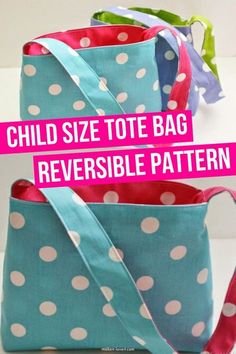 two bags with polka dots on them and the words child size tote bag reversible pattern