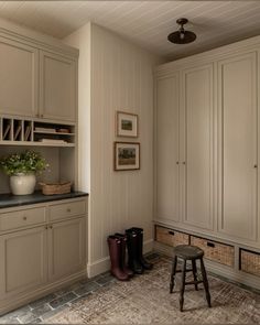 a room with some white cupboards and a stool in the corner next to it