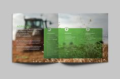 an open brochure with a tractor in the background