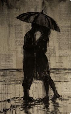 two people standing in the rain with an umbrella over their heads, and newspaper pages behind them