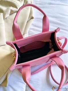 BirdinBag - Stylish Pink Mini Square Bag with Double Handles and Letter Pattern Pink Square, Word Wrap, Pink Mini, Bag Bag, Letter Patterns, Square Bag, 20 Cm, Pu Leather, Satchel