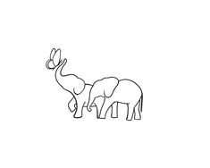 two elephants standing next to each other on a white background, one has its trunk in the air