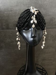 Magical chic crystal Headpiece in black color and nature pearl Stunning  chic Headpiece with  black crystal.  This Headpiece possess such unique beauty and really stand out and make you look and feel like an absolute princess.  Will give a fairy tale, to your hairstyle for your wonderful day Please note - all sales in my store are final and not for return Beaded Wig, Black Headpiece, Beaded Headpiece, Boho Headpiece, Festival Attire, Pearl Veil, Pearl Headpiece, Headpiece Hairstyles, Hair Jewellery