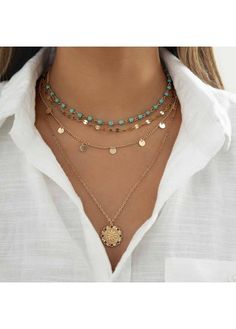 Color:Gold;Package Contents:3 X Necklace;Occasion:Work; Multi Layer Necklace Beads, Copper Mosaic, Layered Beaded Necklaces, Turquoise Bead Necklaces, Multi Layer Necklace, Gold Necklace Set, Disc Pendant, Gold Necklace Layered, Moda Vintage