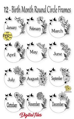 the 12 month round circle frames are shown in black and white, with flowers on them