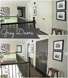 two pictures of the inside of a house with zebra prints on the walls and stairs