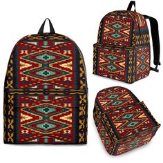 Red Native American Backpack - Powwow Store Traditional Multicolor Rectangular Backpack, Aqua Shoes, Multicolor On-the-go Backpack With Zipper Pocket, Feather Headdress, Easy Organization, Black Backpack, Mesh Fabric, Native American, Perfect Fit