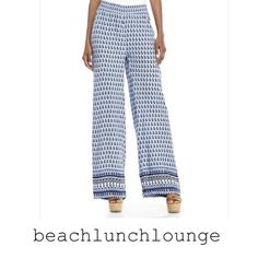 Beach Lunch Lounge Blue Print Natasha Pants Beach Lunch Lounge Blue Print Natasha Pants. Elastic waist 17.5 inches. 12 inch rise. 32 inch inseam. Top of thigh is 13.5 inches, just wanted to note that because I have thicker thighs and they are a little tight on top for me. Wide leg. Light weight. Feel free to make an offer. No flaws or stains. Brand new. BeachLunchLounge Pants Wide Leg Thicker Thighs, Beach Lunch, Pants Elastic Waist, Blue Print, Wide Leg Pants