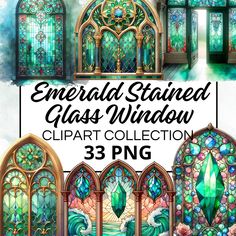 the emerald stained glass window clipart collection is shown in three different styles and sizes